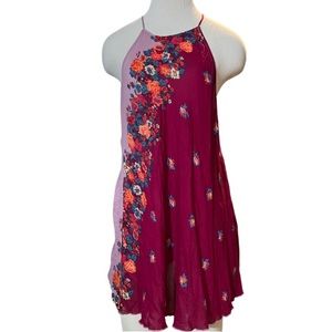 Free People Magenta Floral Slip Dress halter mini tunic  XS C-3